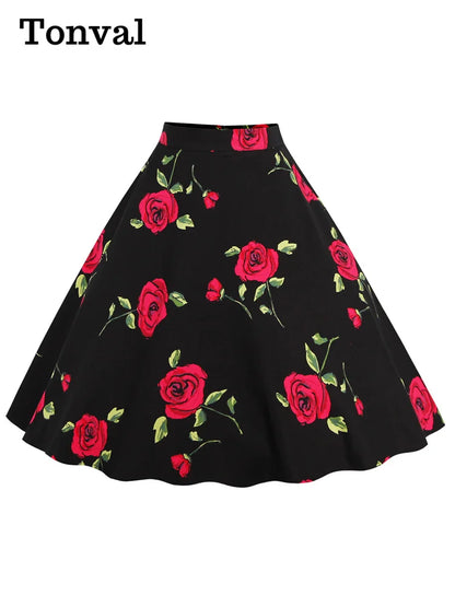 Tonval Floral Vintage Swing Midi Skirt Retro Flower Print Elegant Women 1950s High Waist Cotton A Line Skirt