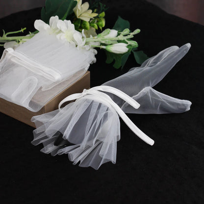 WG020 Elegant Wedding Bridal Short White Gloves Breathable Tulle Ribbon Bow Brides Bridesmaid Women Pageant Prom Handschuh