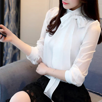 2024 New Summer Fashion Tunic Women Blouse Shirts Long Sleeve Tie Bow Chiffon Turtleneck Formal Women White Black Shirts 0599 30