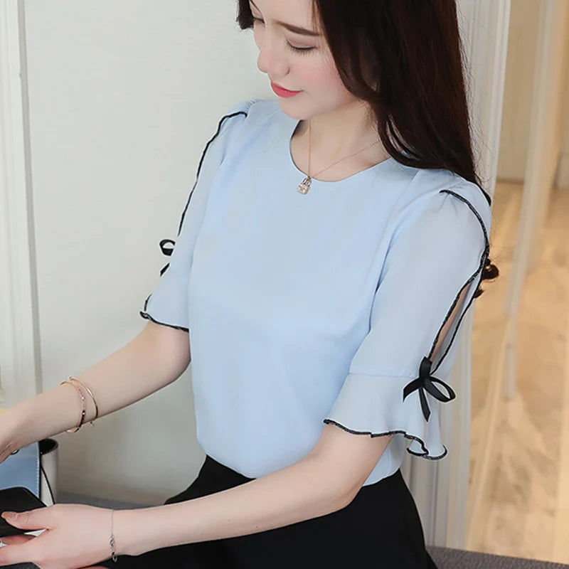 Fashion 2023 Chiffon Women Blouse Shirt Bow Short Sleeve Sweet Women's Clothing Pink O-neck Summer Feminine Tops Blusas D621 30