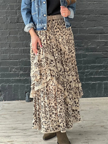 Tossy Leopard Printed Maxi Skirt Female Ruffled Patchwork Fashion Summer 2024 High Waist Bandage Party Looks Women Long Skirt