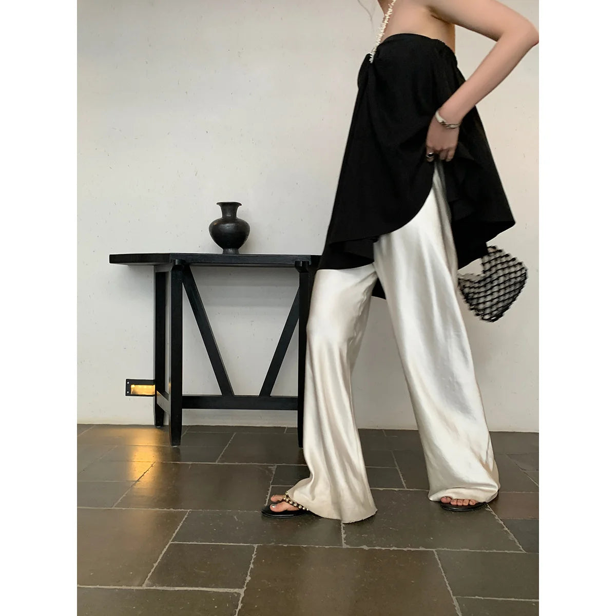 Satin Wide Leg Pants Long Floor Casual Pants Women's Summer