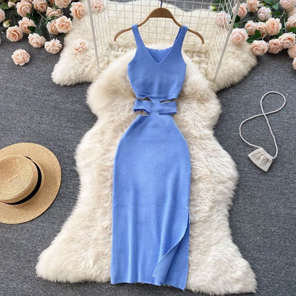 YuooMuoo Women Dress Sexy Cut Out Waist Package Hips Split Bodycon Dress Summer Fashion Lady Knitted Party Vestidos Sundress