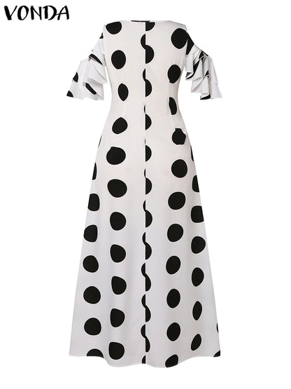 VONDA Summer Polka Dot Long Dress Women Printed Ruffled Sundress 2024 Bohemian Casual V-neck Hollow Out Short Sleeve Maxi Robe