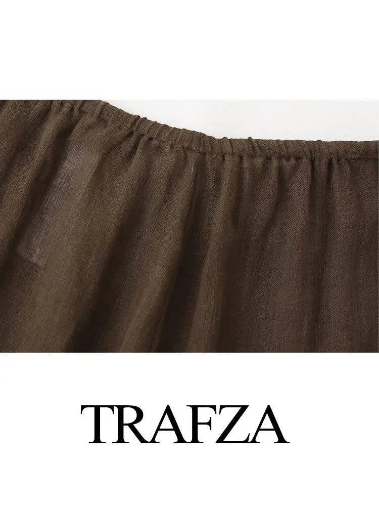 TRAFZA 2024 Spring Trousers For Women Fashion Linen Brown Loose Long Pants Female Vintage Versatile Women's Wide Leg Pant