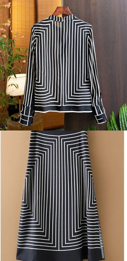 Striped Women Skirt Sets Long Sleeves Casual Fashion O-Neck Blouse Summer Chiffon Zipper Skirt