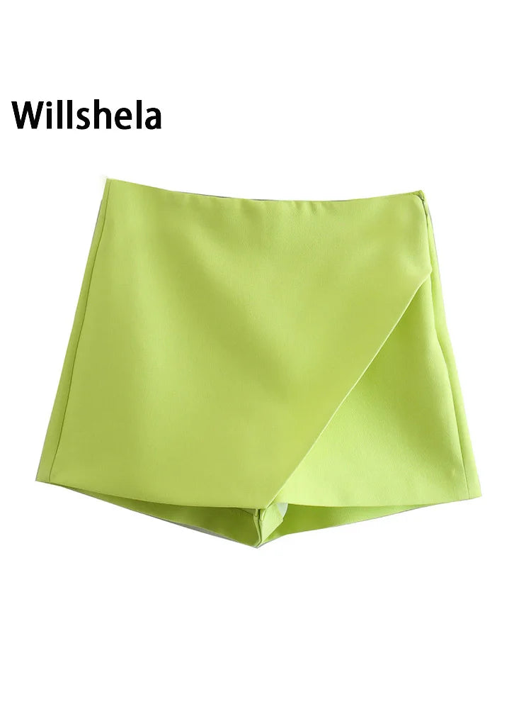 Willshela Women Fashion Asymmetrical Shorts Skirts High Waist Back Pockets Side Zipper Vintage Female Skort Solid