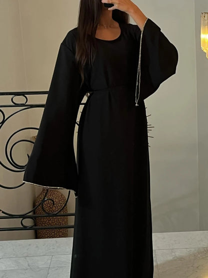 Eid Ramadan Party Dress for Women Muslim Abaya Diamond Flare Sleeve Long Dress Belt Morocco Kaftan Vestidos Dubai Robe Jalabiya