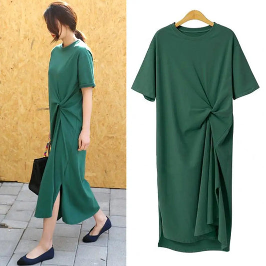 Summer Women Midi Dress O-Neck Short Sleeve Ruched Knot Design Casual Dress Solid Color Side Split Work Dress Streetwear