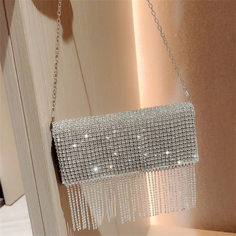 Stylish Rhinestone Glitter Tassel Evening Bag Women Elegant Formal Occasion Shoulder Bag Lady Wedding Clutch Prom Party Handbag