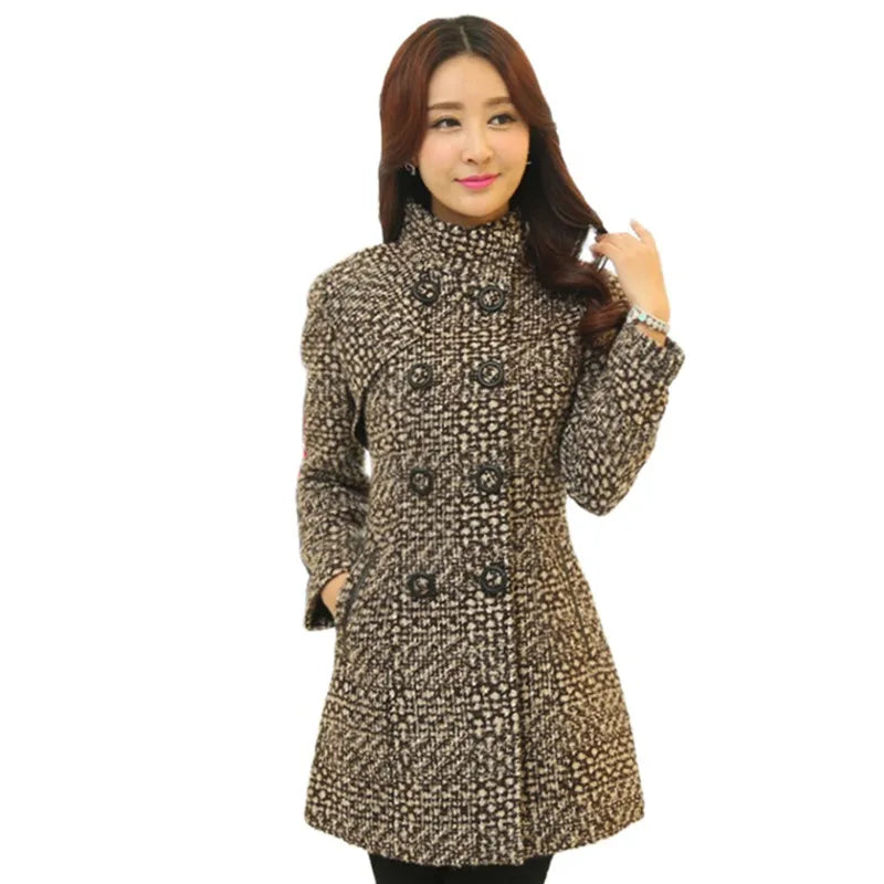 New Women's Wool Blends Coat Winter 2024 Autumn Fashion Elegant Mother Turtleneck Plaid Slim Long Tweed Woolen Outerwear Female