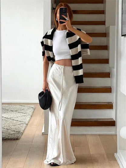 Tossy Summer Casual Lace-Up Maxi Skirt For Women Patchwork Slim High Waist Solid Elegant Bandage Pleated Female Long Skirt 2024