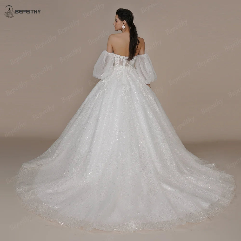 BEPEITHY Princess Strapless Ivory Glitter Wedding Dresses 2023 For Women Court Train Bride 3D Flower Romantic Shinny Bridal Gown