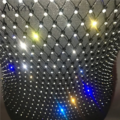 Women's Fishnet Rhinestone Crop Top 2023 Summer Sexy Mesh High Elastic Black White Shirt Net See Through Rave Diamond Tank Top