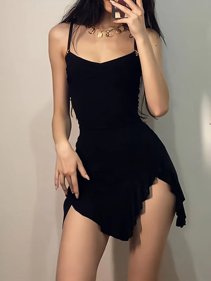 Sexy Mini Dress Women Summer New Black Sleeveless Strap Backless Folds Bodycon Split Dress Streetwear Elegant Party A-LINE Dress