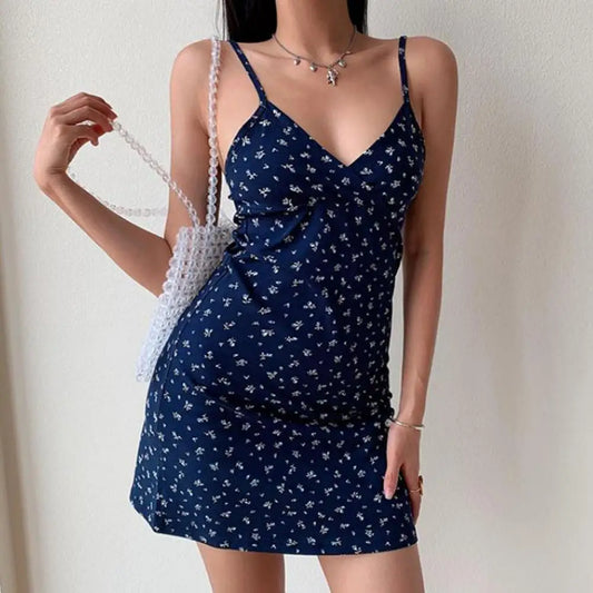 Vintage Floral Cross Dress Women Slim Sleeveless V-Neck Summer Sexy Cute Backless Patry Black Mini Korean Dresses Woman