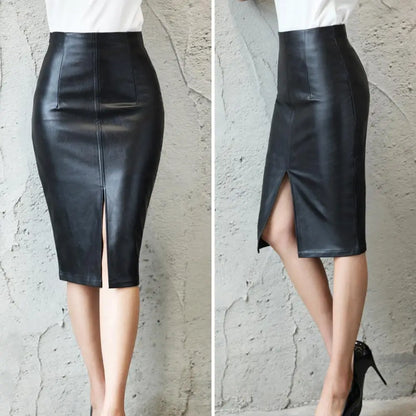 2023 OL Commute Women PU Leather Midi Skirt Autumn Winter Ladies Package Hip Front or Back Slit Pencil Skirt