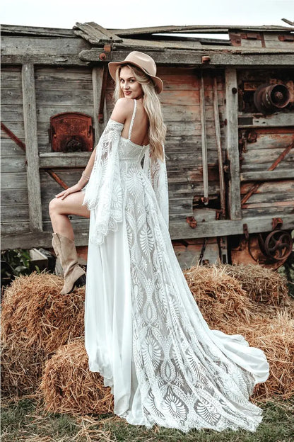 Hippie Crochet Lace Wedding Dress 2023 With Slit Sexy Backless Chic Civil Bohemian Wedding Dresses With Sleeves Romantic Bride