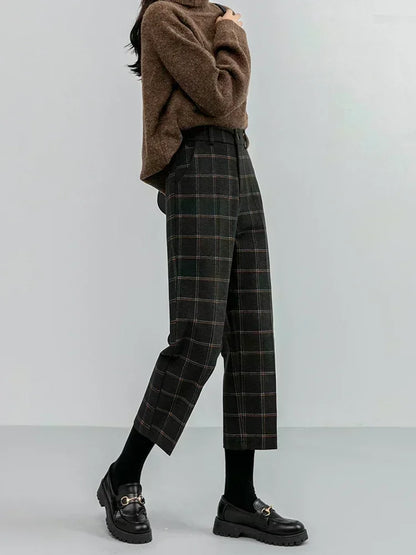 Seoulish 2023 New Autumn Winter Woolen Plaid Women Formal Straight Pants High Waist Ankle-Length Chic Loose Ladies Pants Pocket