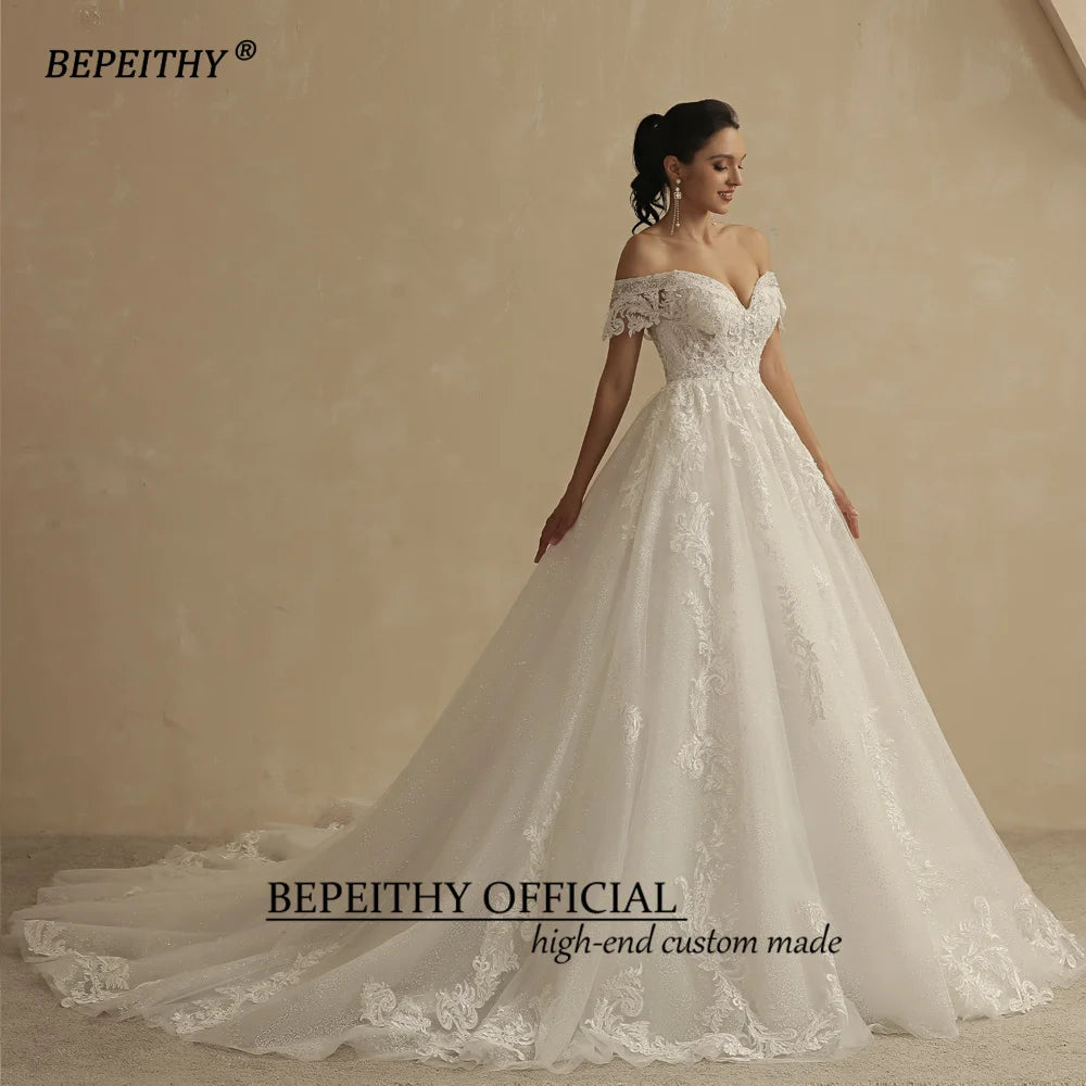 BEPEITHY Princess Glitter Wedding Dresses For Women 2022 Bride Romantic Lace Sleeveless Boho Bridal Gown France Robe De Soiree