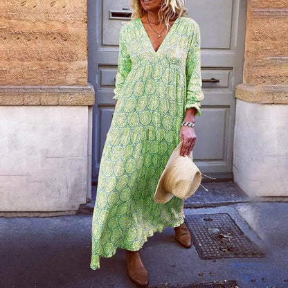 Retro Summer Women Dress Printed V Neck Shirring Edge Long Sleeves Loose Pullover Plus Size Bohemian Maxi Dress