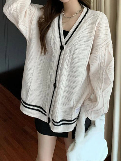 Women's Star Embroidered Single Breasted V-Neck Knit Cardigan Y2K Contrast Striped Sweater Cardigan Outwear