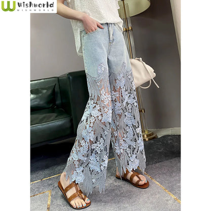 2023 Summer New Vintage Flower Hollowed-out Jeans Cool Pants Women's Pants Loose Street Casual Trousers