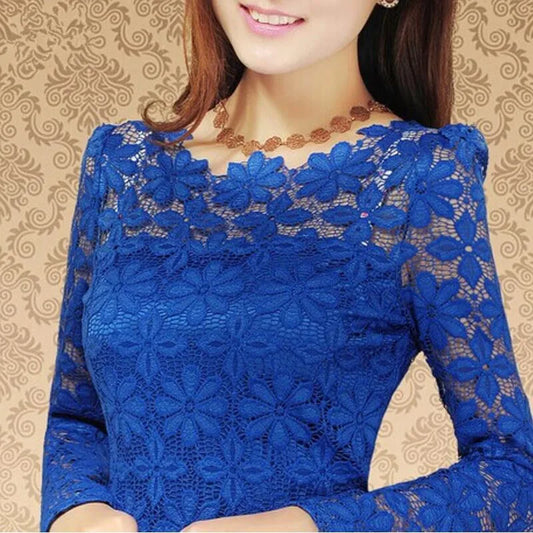 Plus size S-5XL New fashion Women's Lace Crochet Blouses Shirts Long Sleeve Sexy Tops Women Lace Blouse camisa feminina