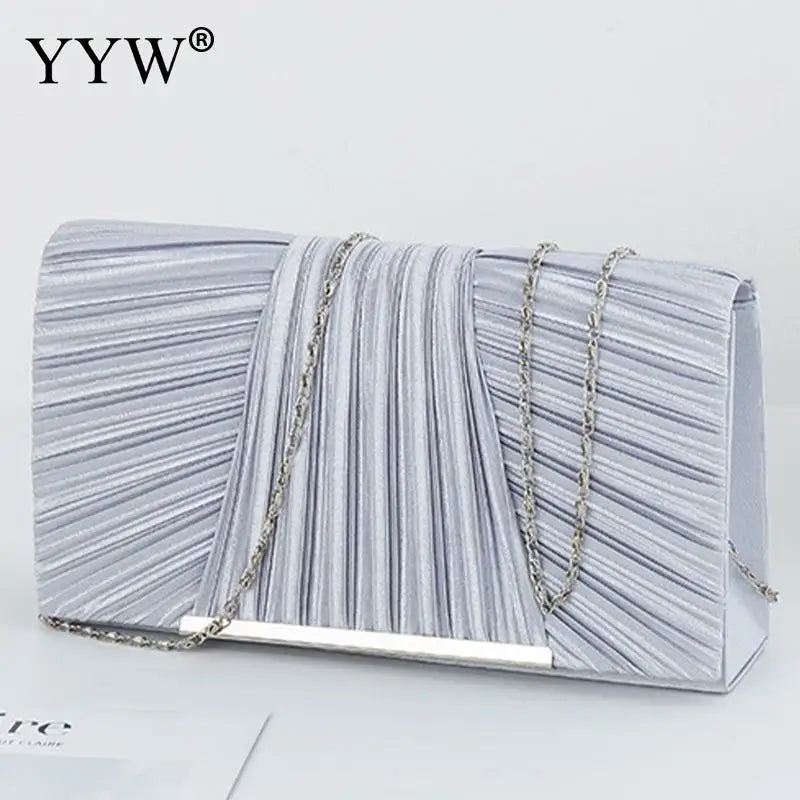 Elegant Pleated Satin Women Party Handbag Solid Color Envelope Flap Clutch Purse Ladies Metal Chain Wedding Prom Messenger Bag