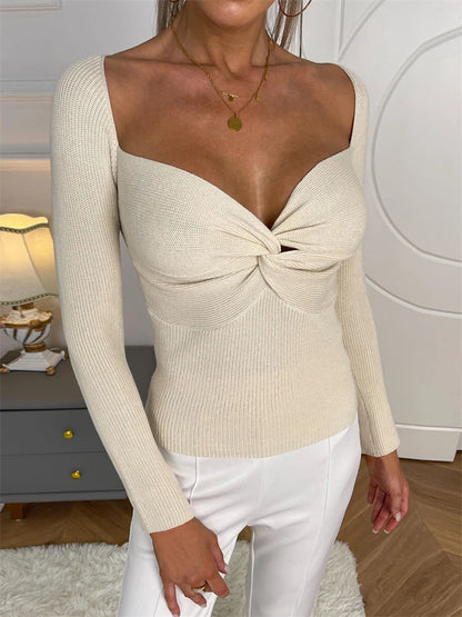 Tossy Solid Casual Women's Twist Knot Front V Neck Crop Sweater Knitwear Ladies 2022 Autumn Long Sleeve Knitted Pullover Tops