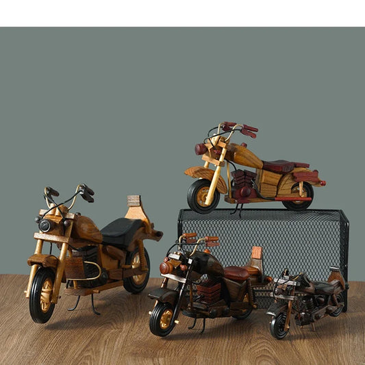 Retro Wooden Motorcycle Model Car Toy Doll Ornaments Wooden Handmade Home Office Decoration Crafts Children's Birthday Gifts