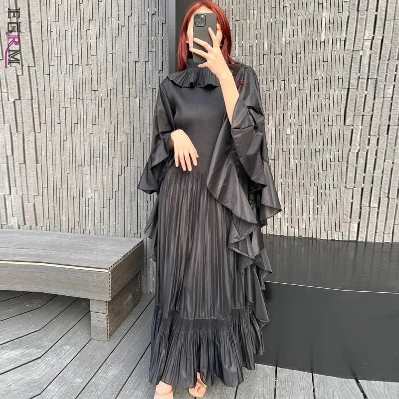 EGRM Ruffle Sleeves Pleated Maxi Long Dress For Women Elegant Lapel Solid Color Loose High-end Dresses 2024 Spring New 7ER3150