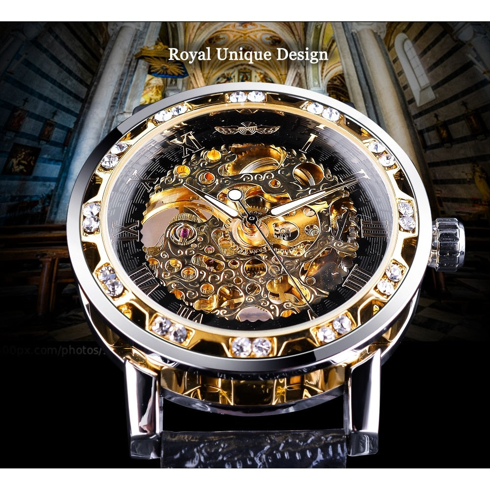 Rhinestone-Adorned Skeleton Timepiece Watch