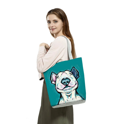 Color Painting Funny Bull Terrier Dog Print Shopping Bags Animal Tote Women School Traveling Shoulder Bag Ladies Casual Handbag