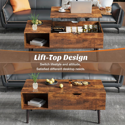 Vintage Lift-Top Coffee Table with Hidden Storage and Adjustable Shelf - Durable Wood, Ideal for Living Room